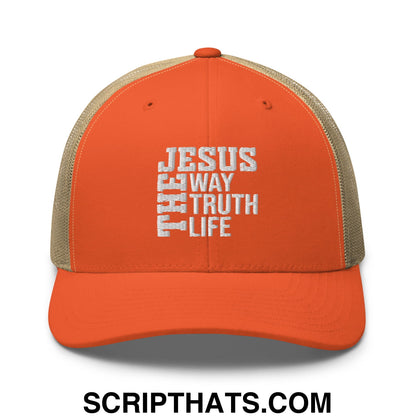Jesus The Way The Truth The Life Embroidered Mesh Trucker Hat Rustic Orange Khaki