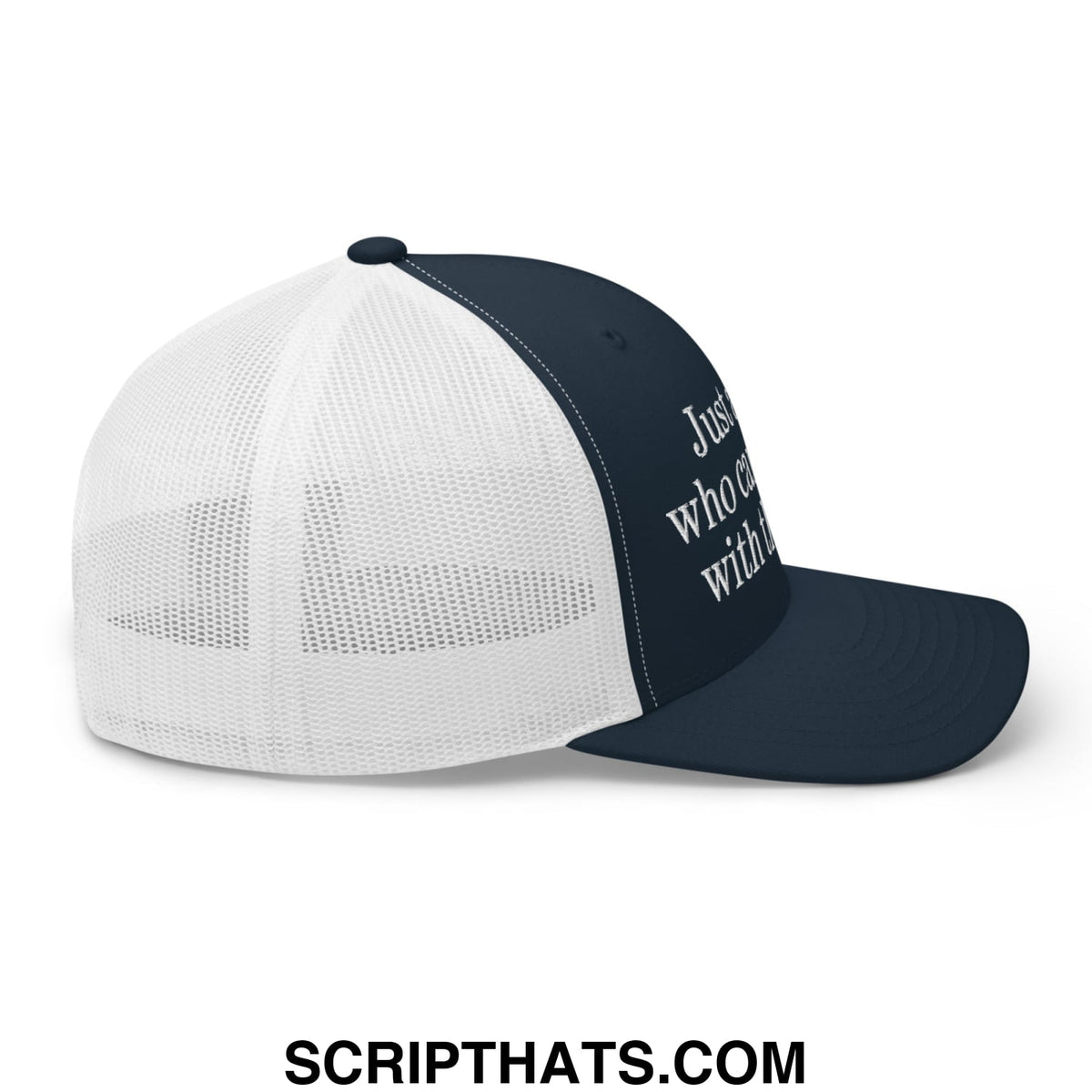 Navy blue and white mesh trucker hat with embroidered just a dad who came back with the milk text on front panel