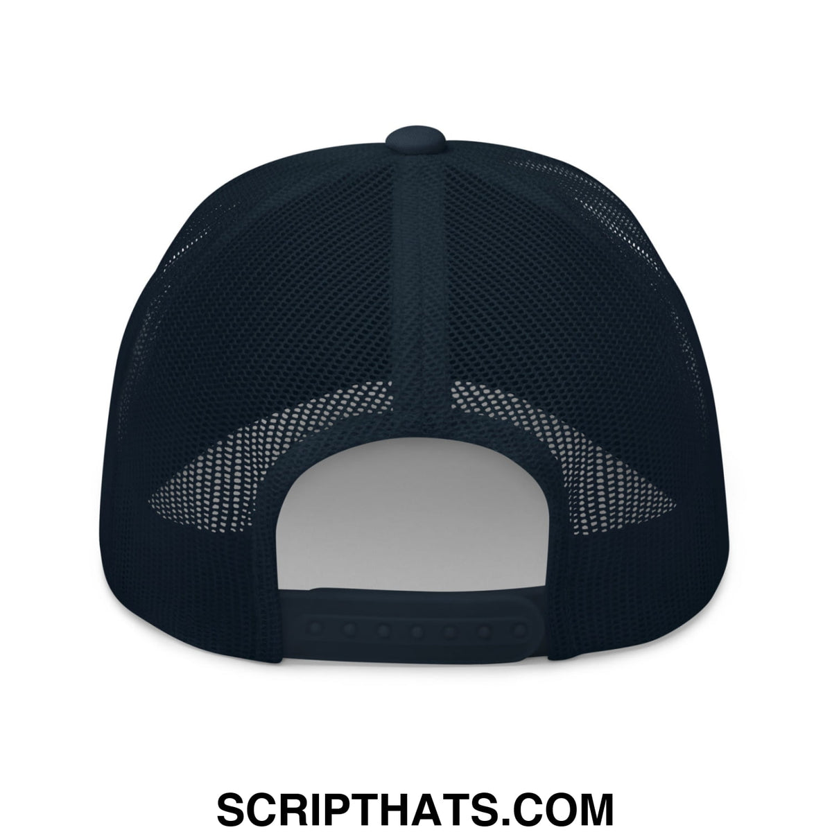 Black mesh trucker hat with solid back panel and adjustable strap embroidered with just a dad who came back with the milk