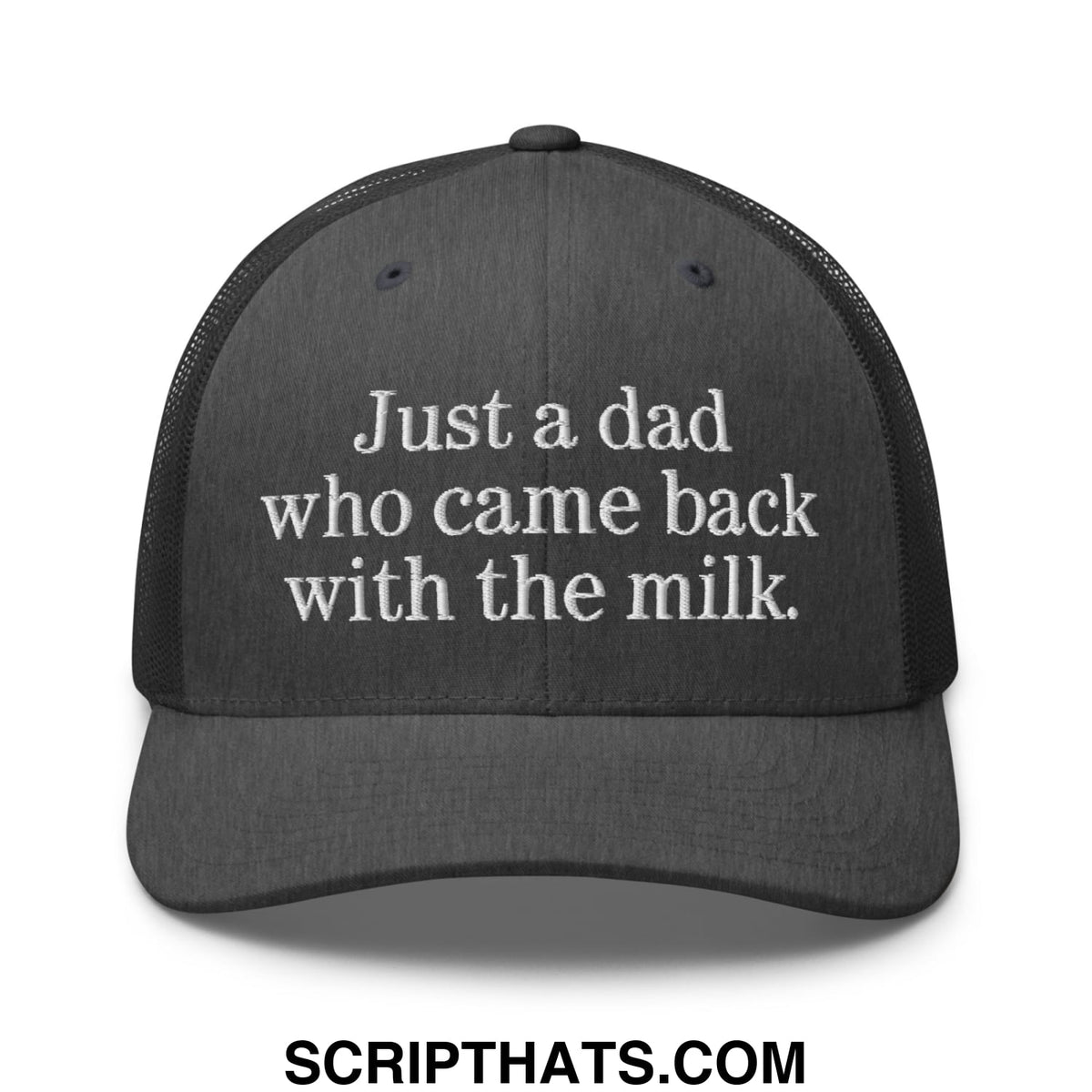 Black embroidered mesh trucker hat with white text just a dad who came back with the milk for casual wear