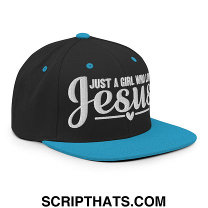 Just a Girl Who Loves Jesus Embroidered Flat Bill Brim Snapback Hat Black Teal