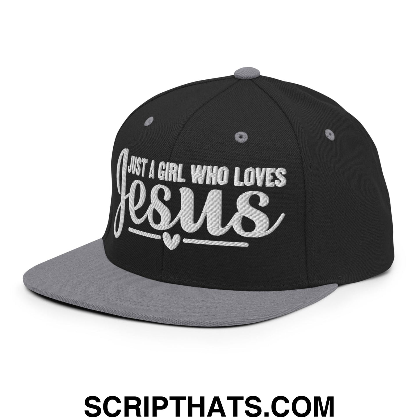 Just a Girl Who Loves Jesus Embroidered Flat Bill Brim Snapback Hat Black Silver