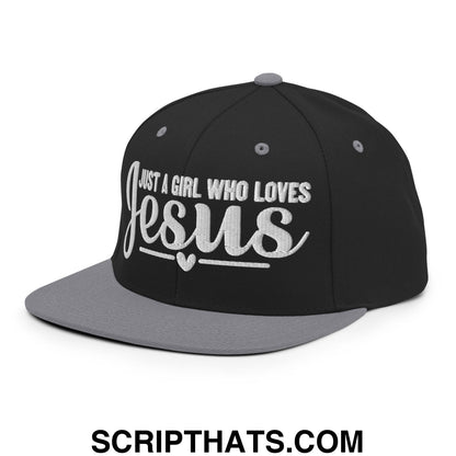 Just a Girl Who Loves Jesus Embroidered Flat Bill Brim Snapback Hat Black Silver