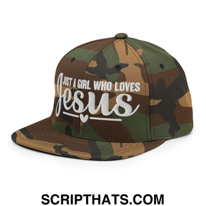 Just a Girl Who Loves Jesus Embroidered Flat Bill Brim Snapback Hat Green Camo