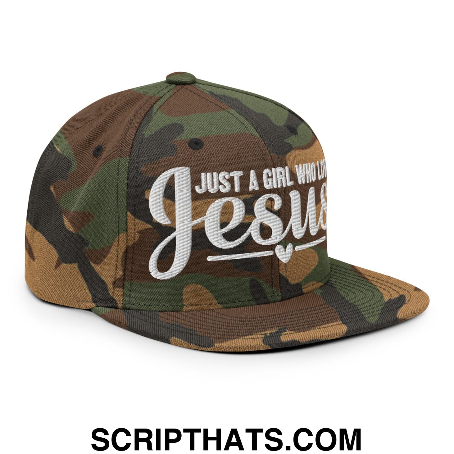 Just a Girl Who Loves Jesus Embroidered Flat Bill Brim Snapback Hat Green Camo