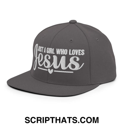 Just a Girl Who Loves Jesus Embroidered Flat Bill Brim Snapback Hat Dark Grey