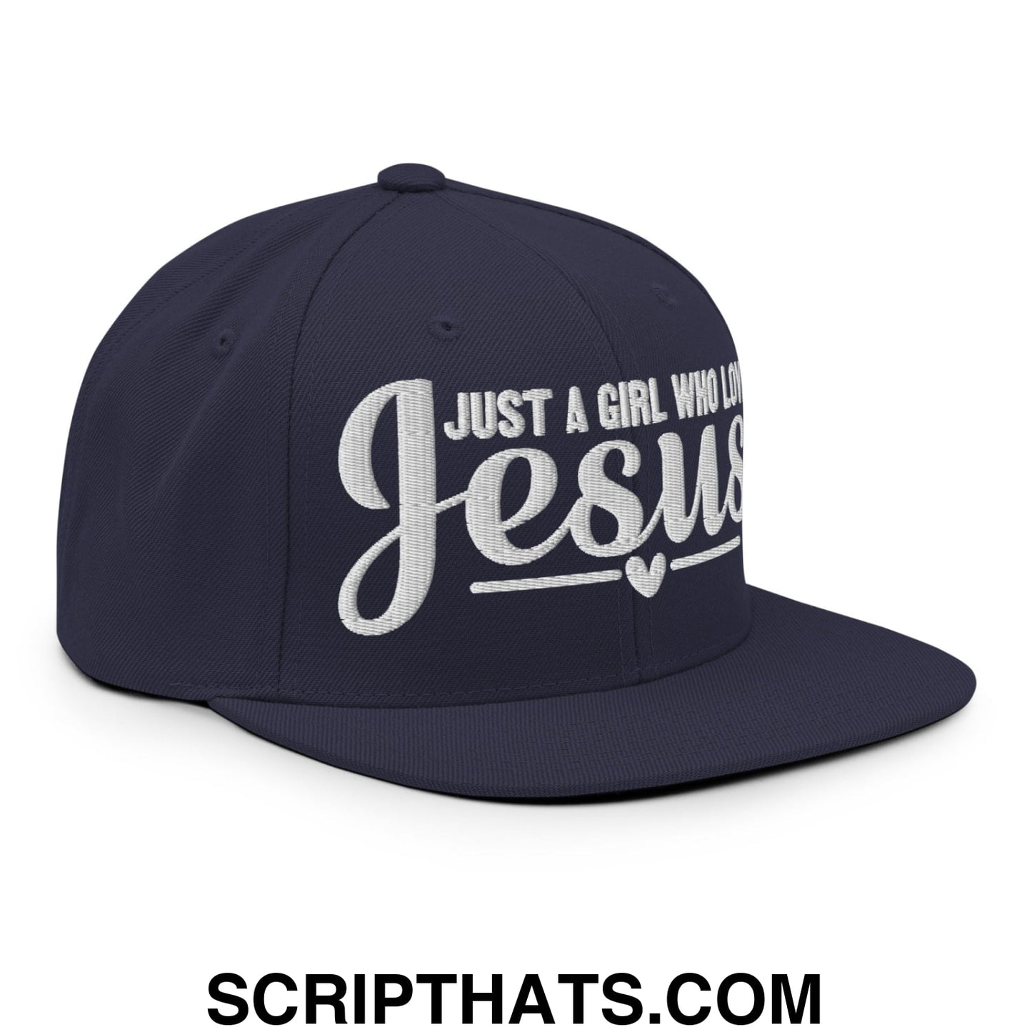 Just a Girl Who Loves Jesus Embroidered Flat Bill Brim Snapback Hat Navy