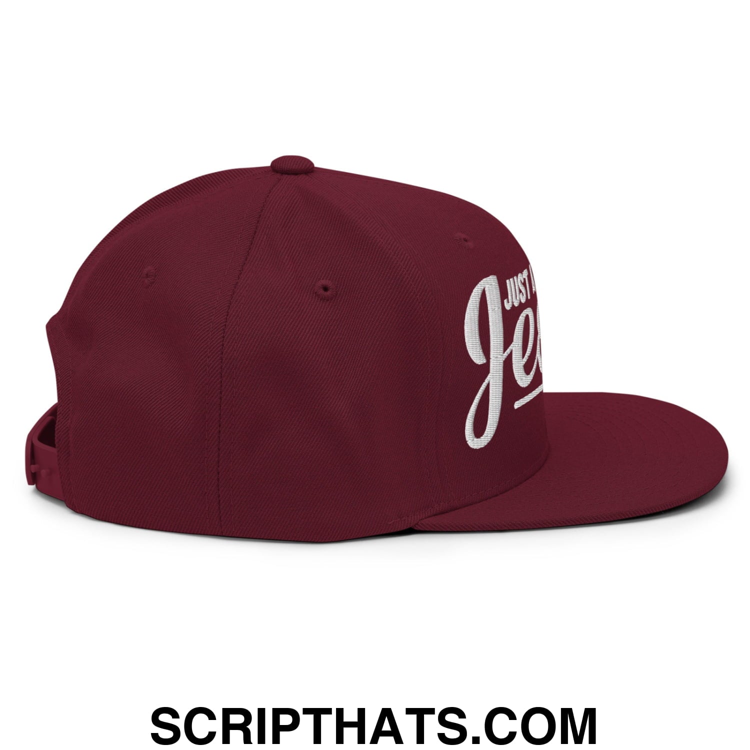 Just a Girl Who Loves Jesus Embroidered Flat Bill Brim Snapback Hat Maroon