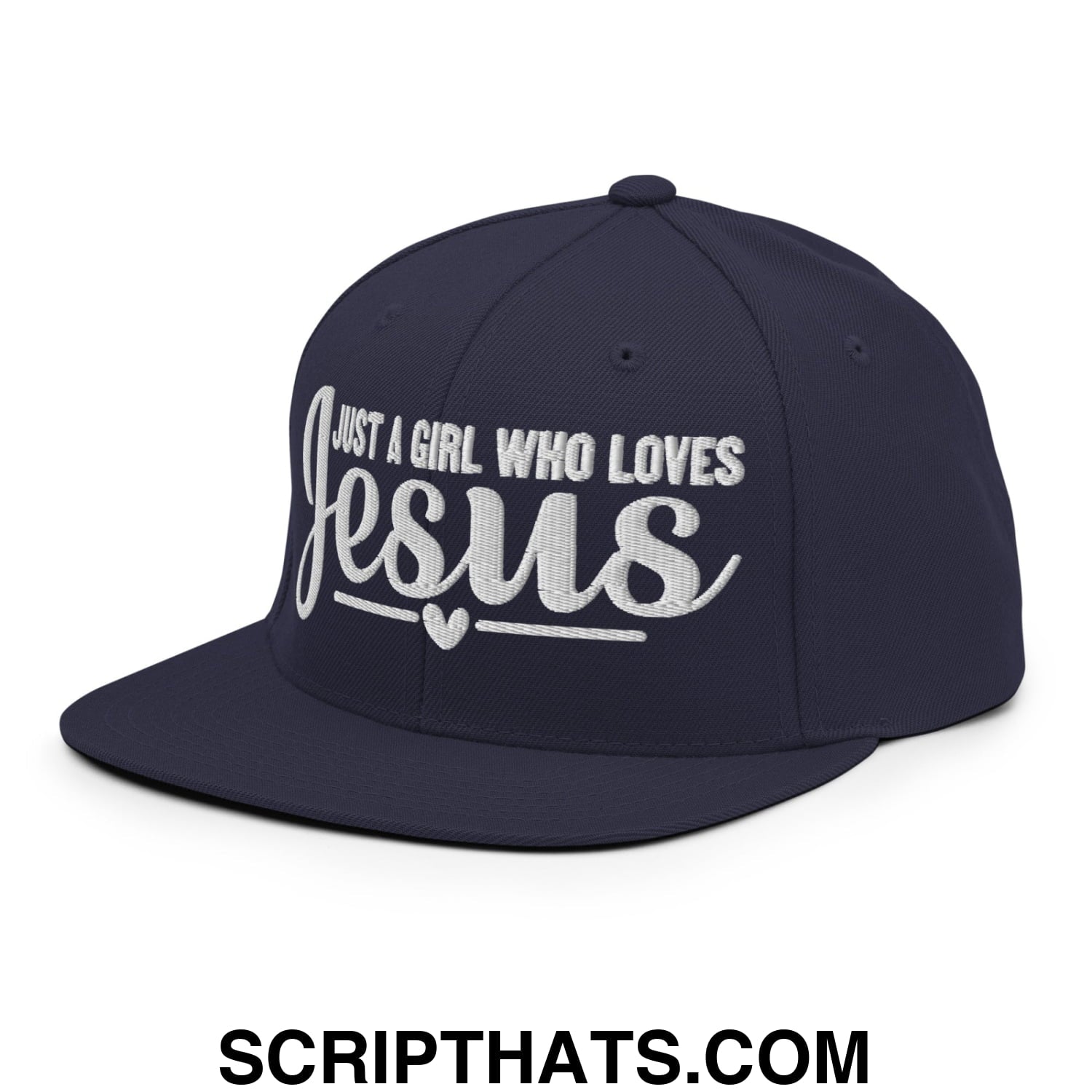 Just a Girl Who Loves Jesus Embroidered Flat Bill Brim Snapback Hat Navy
