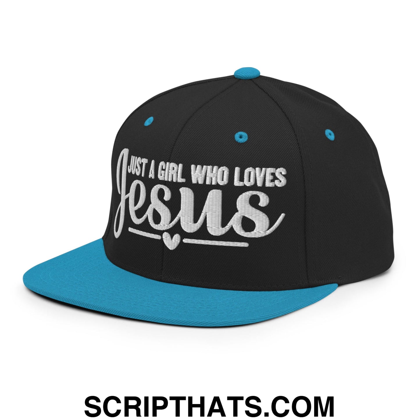 Just a Girl Who Loves Jesus Embroidered Flat Bill Brim Snapback Hat Black Teal