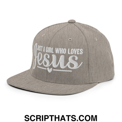 Just a Girl Who Loves Jesus Embroidered Flat Bill Brim Snapback Hat Heather Grey