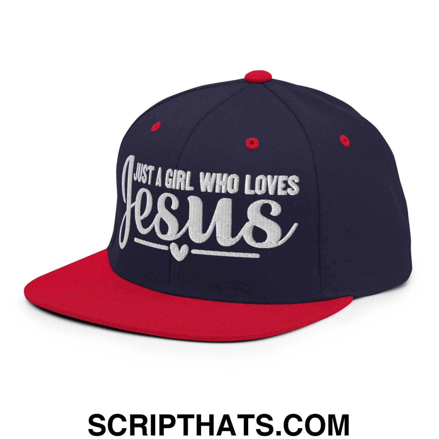 Just a Girl Who Loves Jesus Embroidered Flat Bill Brim Snapback Hat Navy Red