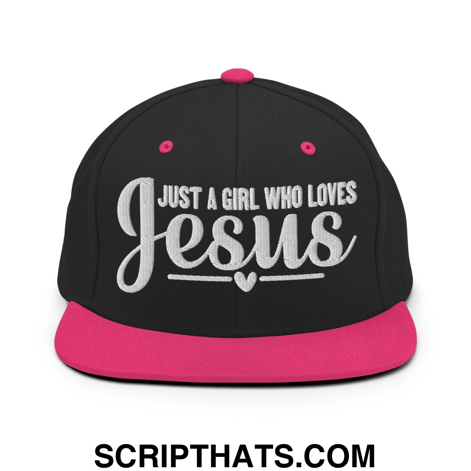 Just a Girl Who Loves Jesus Embroidered Flat Bill Brim Snapback Hat Black Neon Pink