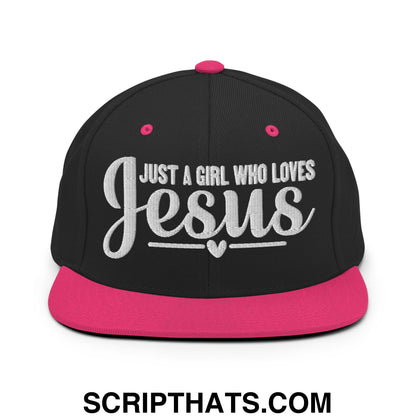 Just a Girl Who Loves Jesus Embroidered Flat Bill Brim Snapback Hat Black Neon Pink