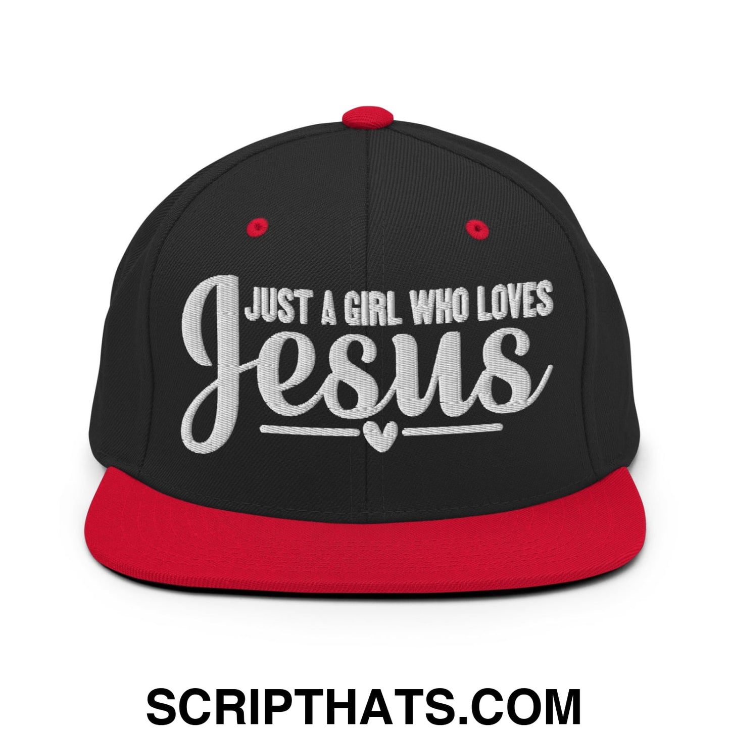 Just a Girl Who Loves Jesus Embroidered Flat Bill Brim Snapback Hat Black Red
