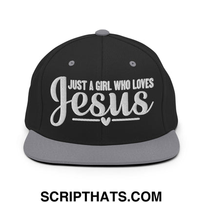 Just a Girl Who Loves Jesus Embroidered Flat Bill Brim Snapback Hat Black Silver