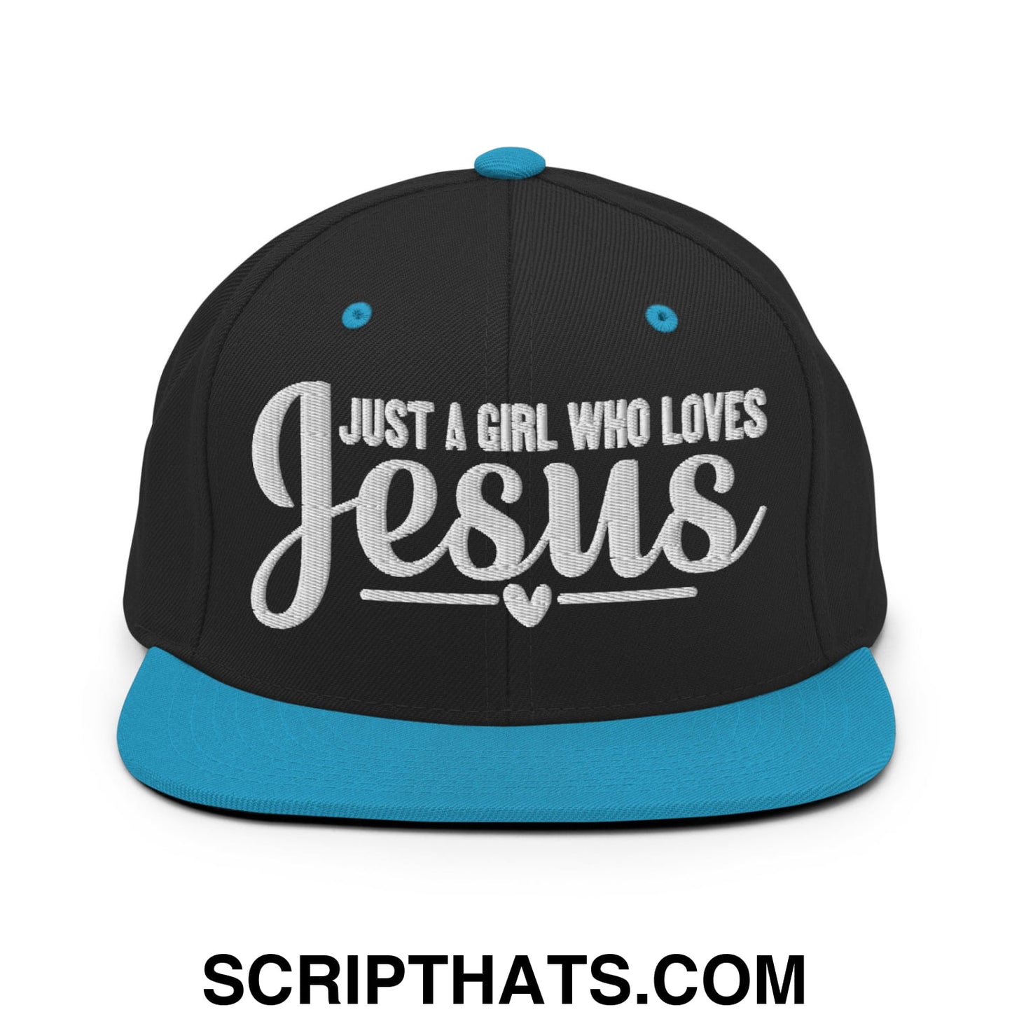 Just a Girl Who Loves Jesus Embroidered Flat Bill Brim Snapback Hat Black Teal