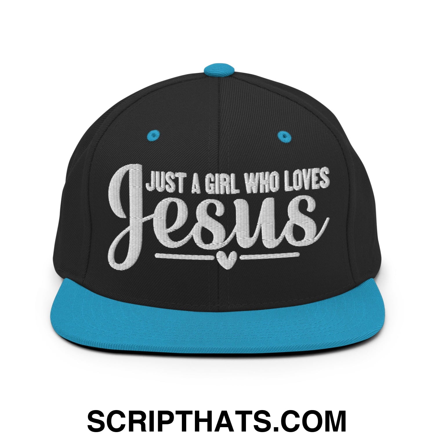 Just a Girl Who Loves Jesus Embroidered Flat Bill Brim Snapback Hat Black Teal