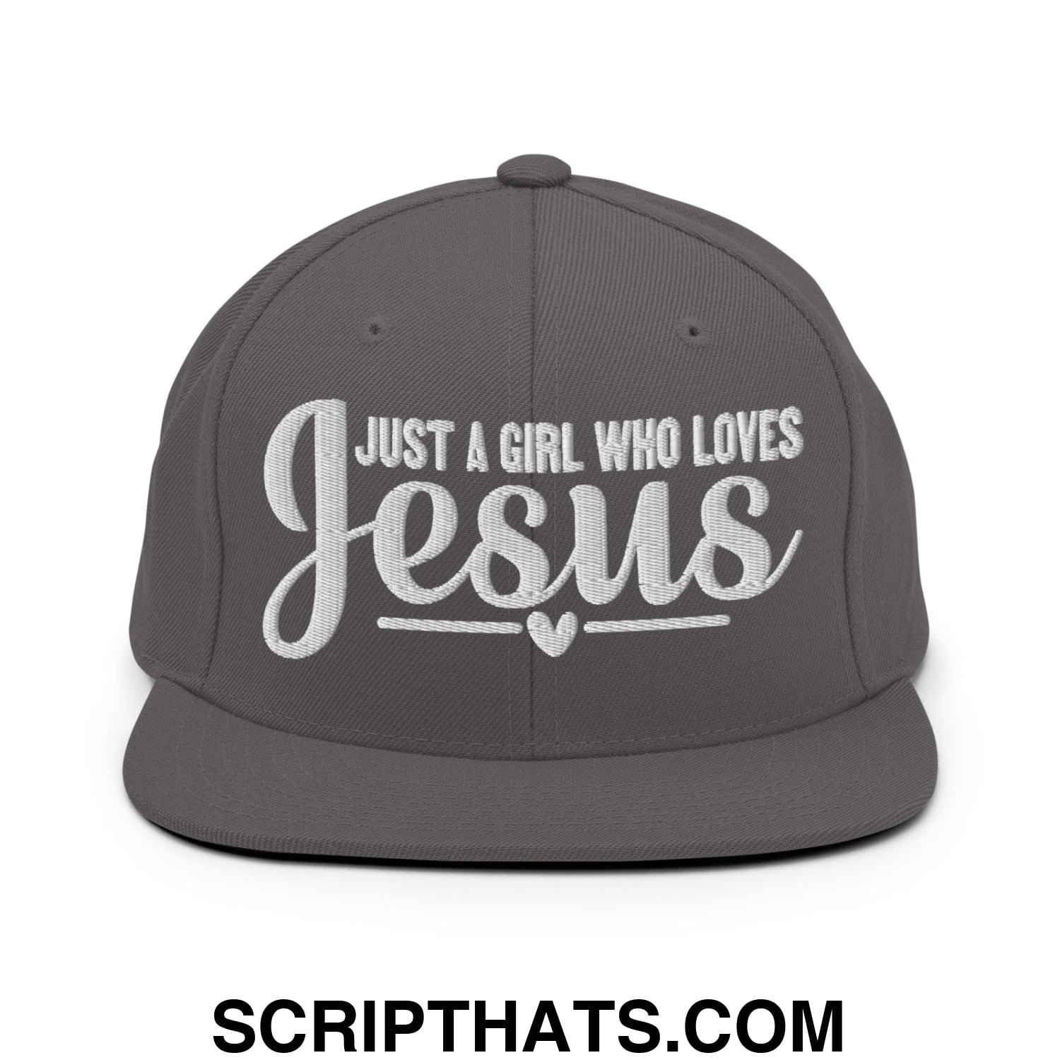 Just a Girl Who Loves Jesus Embroidered Flat Bill Brim Snapback Hat Dark Grey