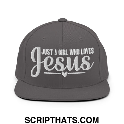 Just a Girl Who Loves Jesus Embroidered Flat Bill Brim Snapback Hat Dark Grey