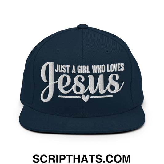 Just a Girl Who Loves Jesus Embroidered Flat Bill Brim Snapback Hat Dark Navy