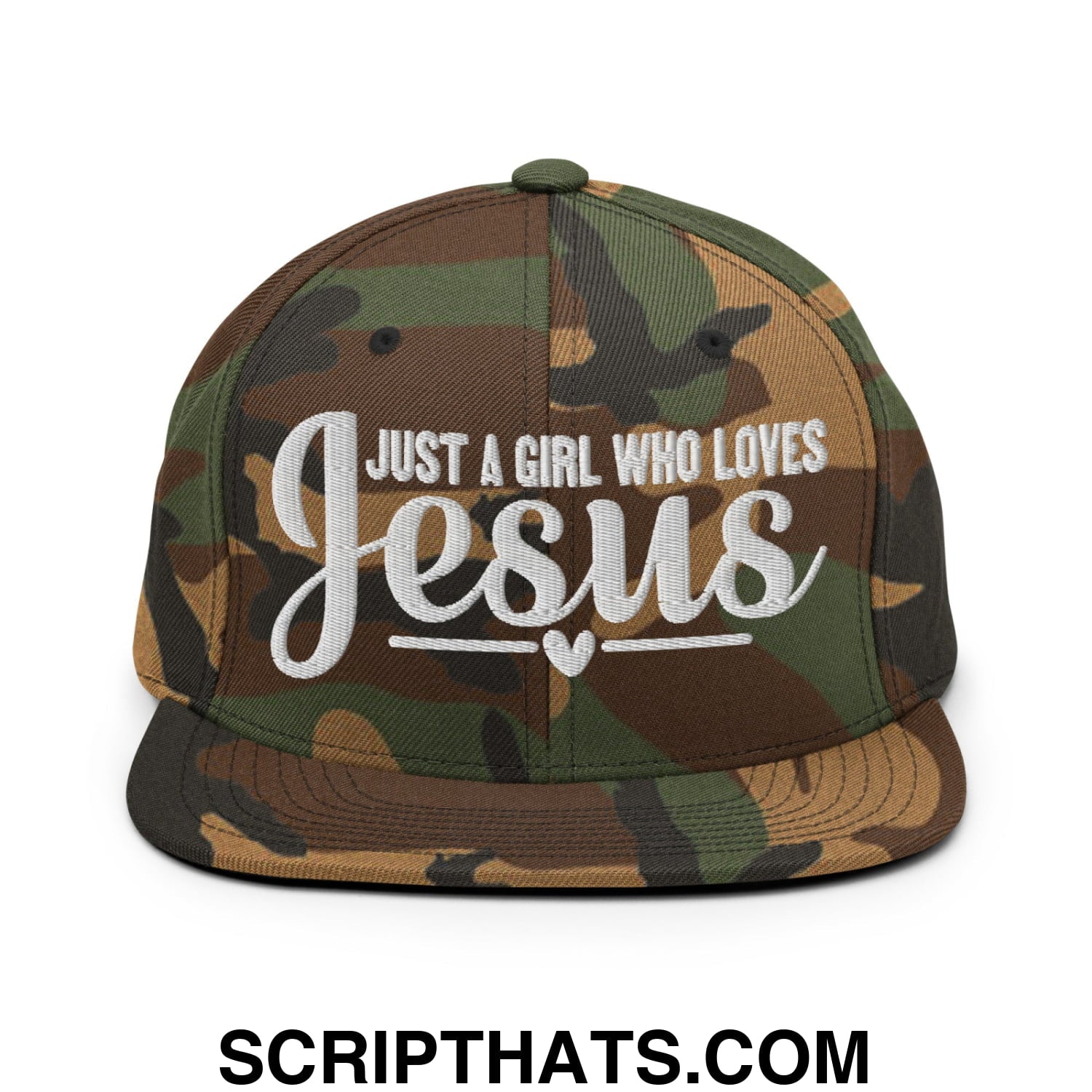 Just a Girl Who Loves Jesus Embroidered Flat Bill Brim Snapback Hat Green Camo