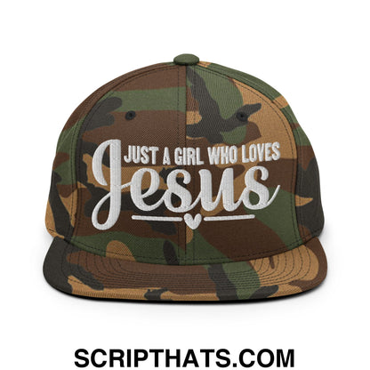 Just a Girl Who Loves Jesus Embroidered Flat Bill Brim Snapback Hat Green Camo