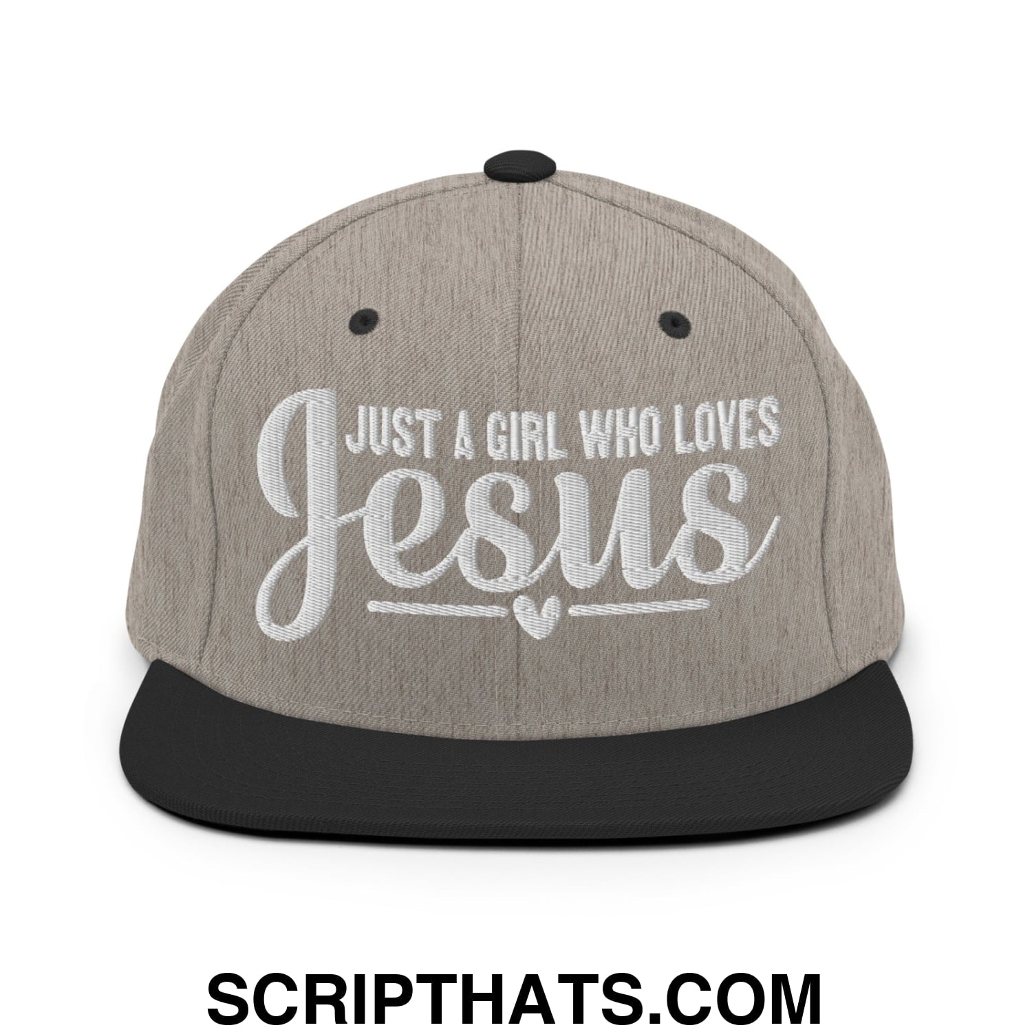 Just a Girl Who Loves Jesus Embroidered Flat Bill Brim Snapback Hat Heather Black