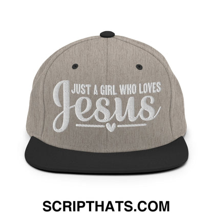 Just a Girl Who Loves Jesus Embroidered Flat Bill Brim Snapback Hat Heather Black