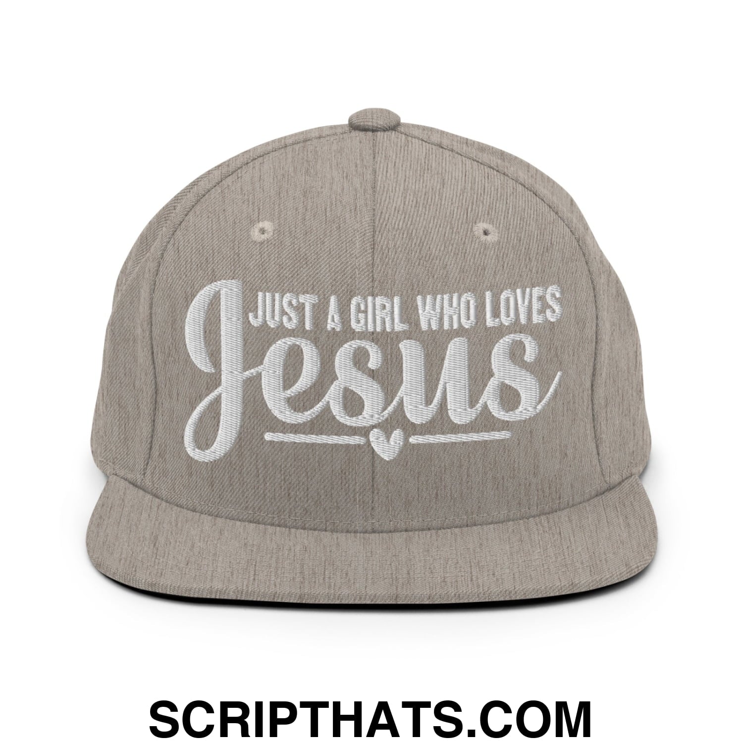 Just a Girl Who Loves Jesus Embroidered Flat Bill Brim Snapback Hat Heather Grey