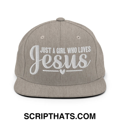 Just a Girl Who Loves Jesus Embroidered Flat Bill Brim Snapback Hat Heather Grey