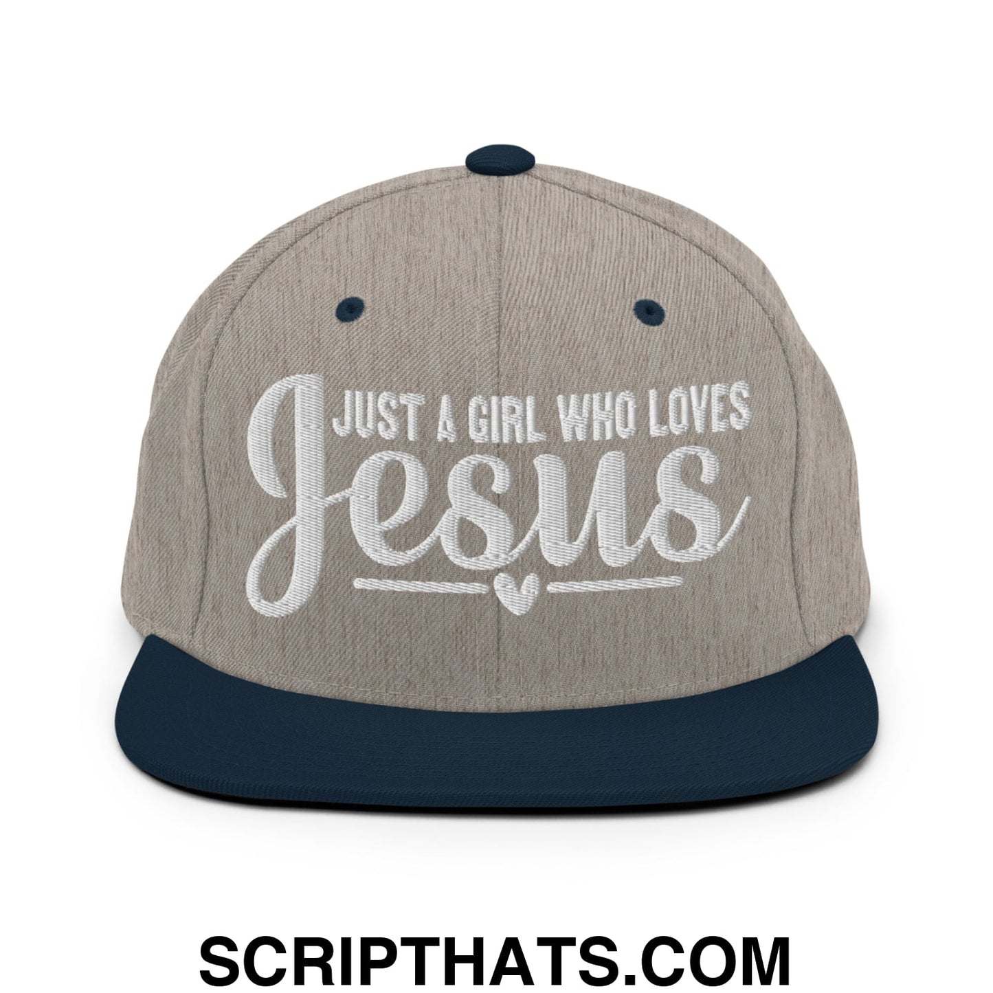 Just a Girl Who Loves Jesus Embroidered Flat Bill Brim Snapback Hat Heather Grey Navy