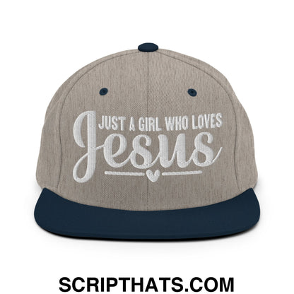 Just a Girl Who Loves Jesus Embroidered Flat Bill Brim Snapback Hat Heather Grey Navy