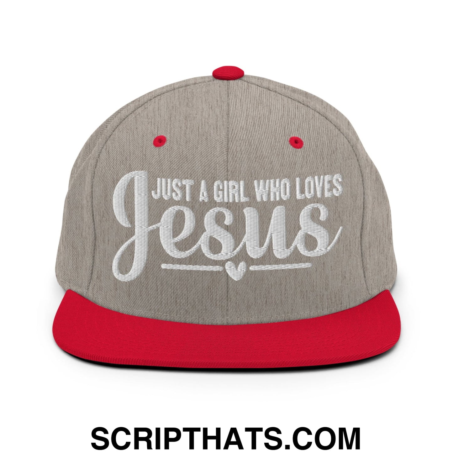 Just a Girl Who Loves Jesus Embroidered Flat Bill Brim Snapback Hat Heather Grey Red