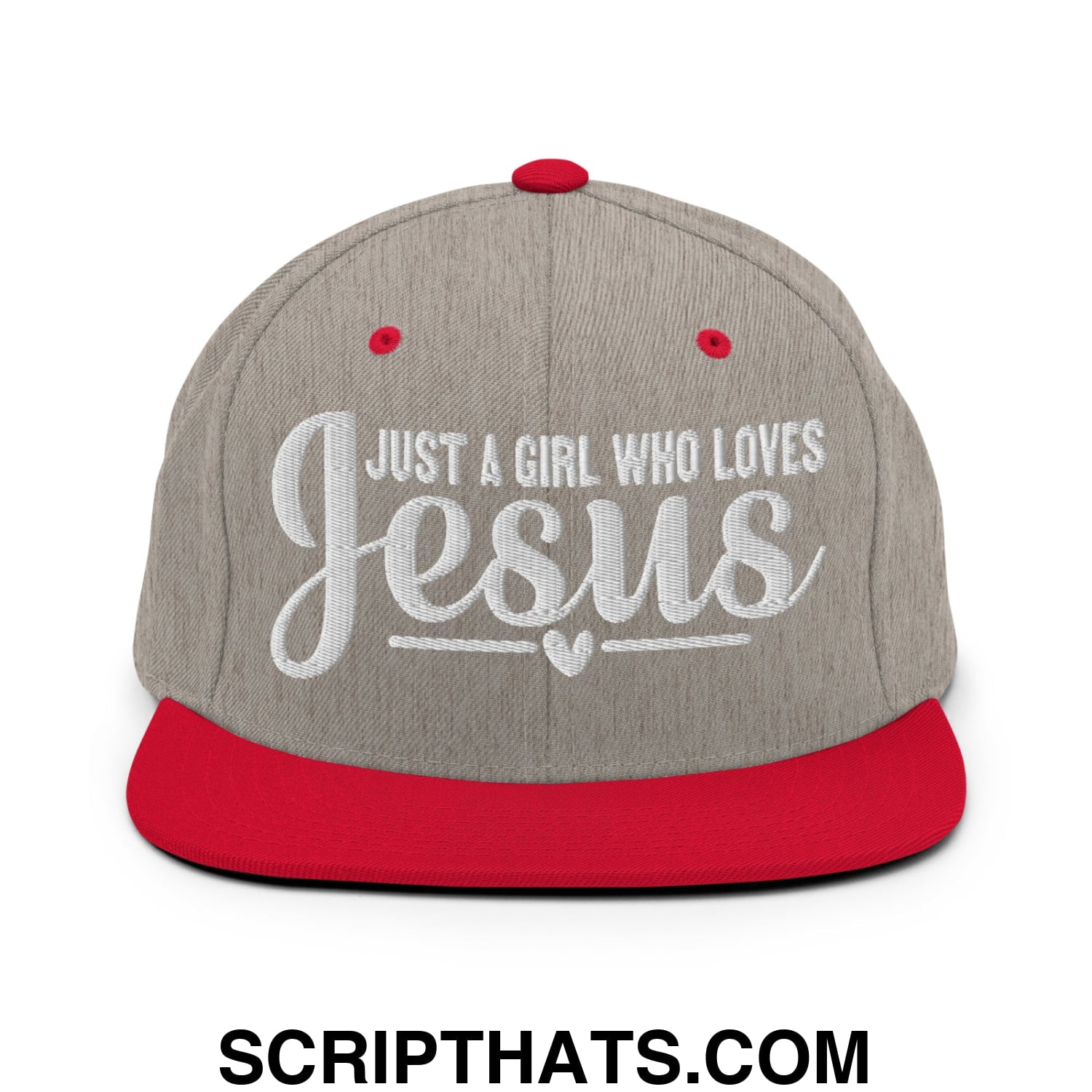 Just a Girl Who Loves Jesus Embroidered Flat Bill Brim Snapback Hat Heather Grey Red