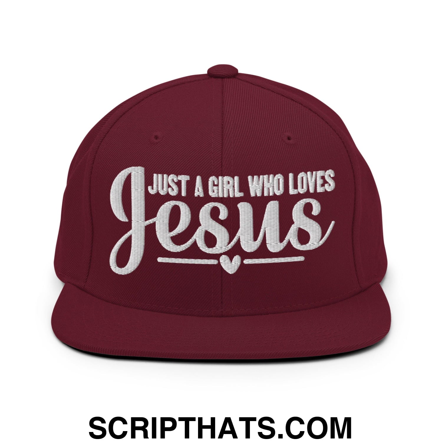 Just a Girl Who Loves Jesus Embroidered Flat Bill Brim Snapback Hat Maroon