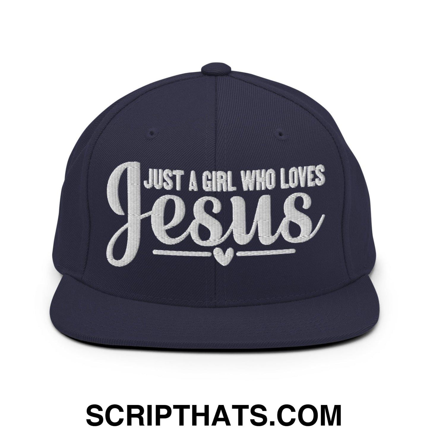 Just a Girl Who Loves Jesus Embroidered Flat Bill Brim Snapback Hat Navy