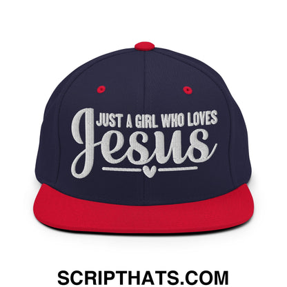 Just a Girl Who Loves Jesus Embroidered Flat Bill Brim Snapback Hat Navy Red
