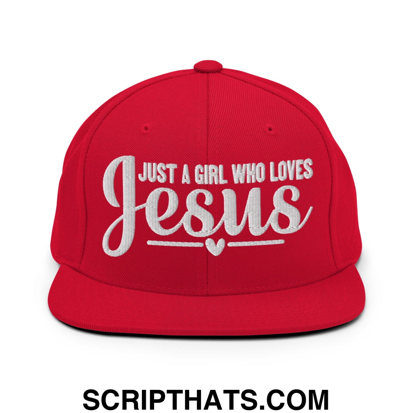 Just a Girl Who Loves Jesus Embroidered Flat Bill Brim Snapback Hat Red
