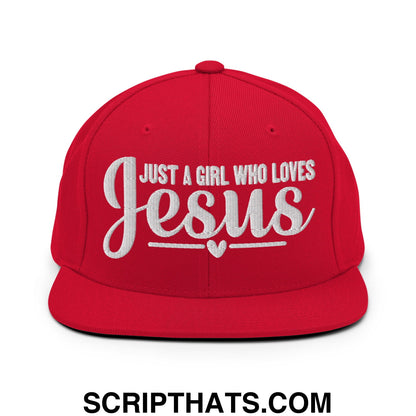 Just a Girl Who Loves Jesus Embroidered Flat Bill Brim Snapback Hat Red