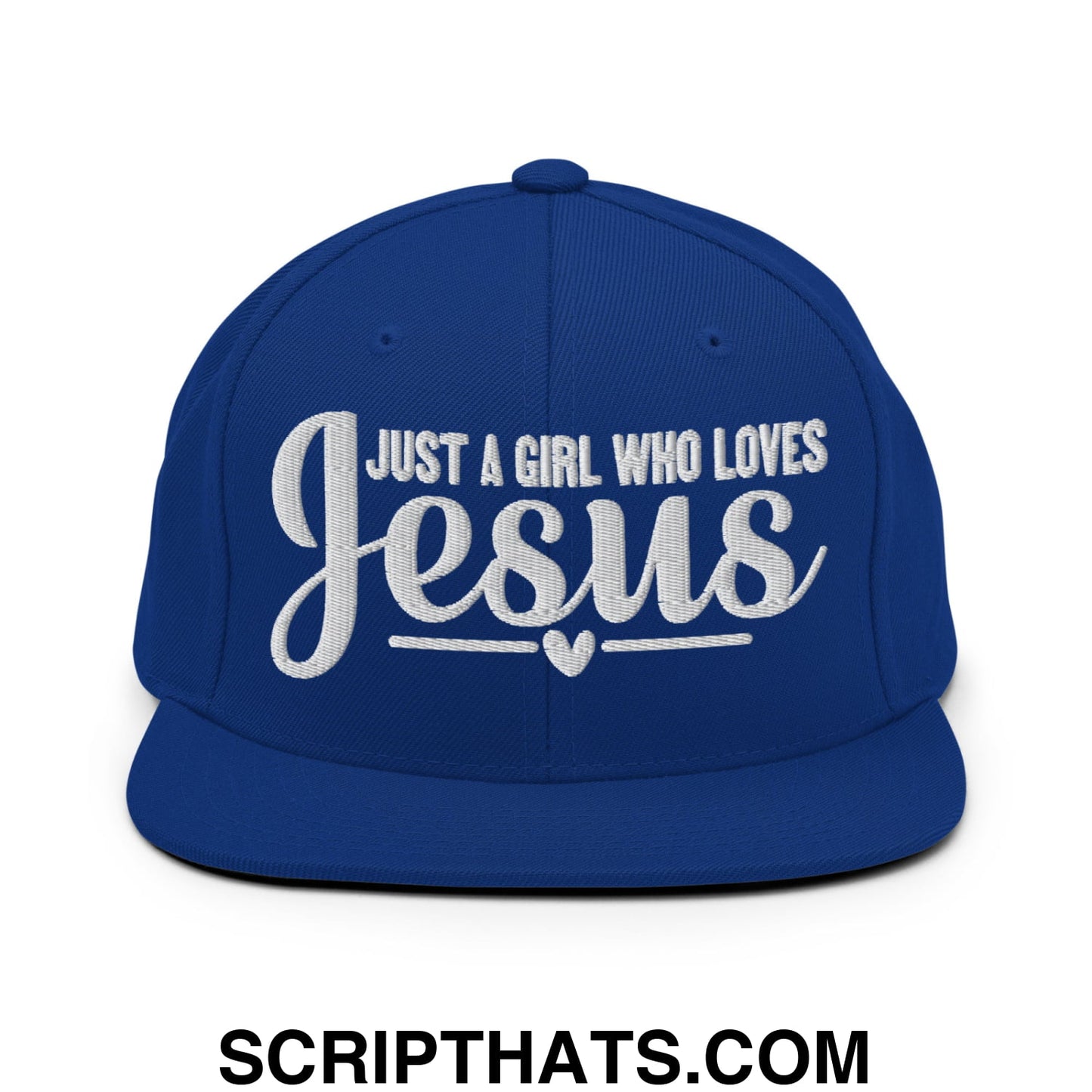 Just a Girl Who Loves Jesus Embroidered Flat Bill Brim Snapback Hat Royal Blue