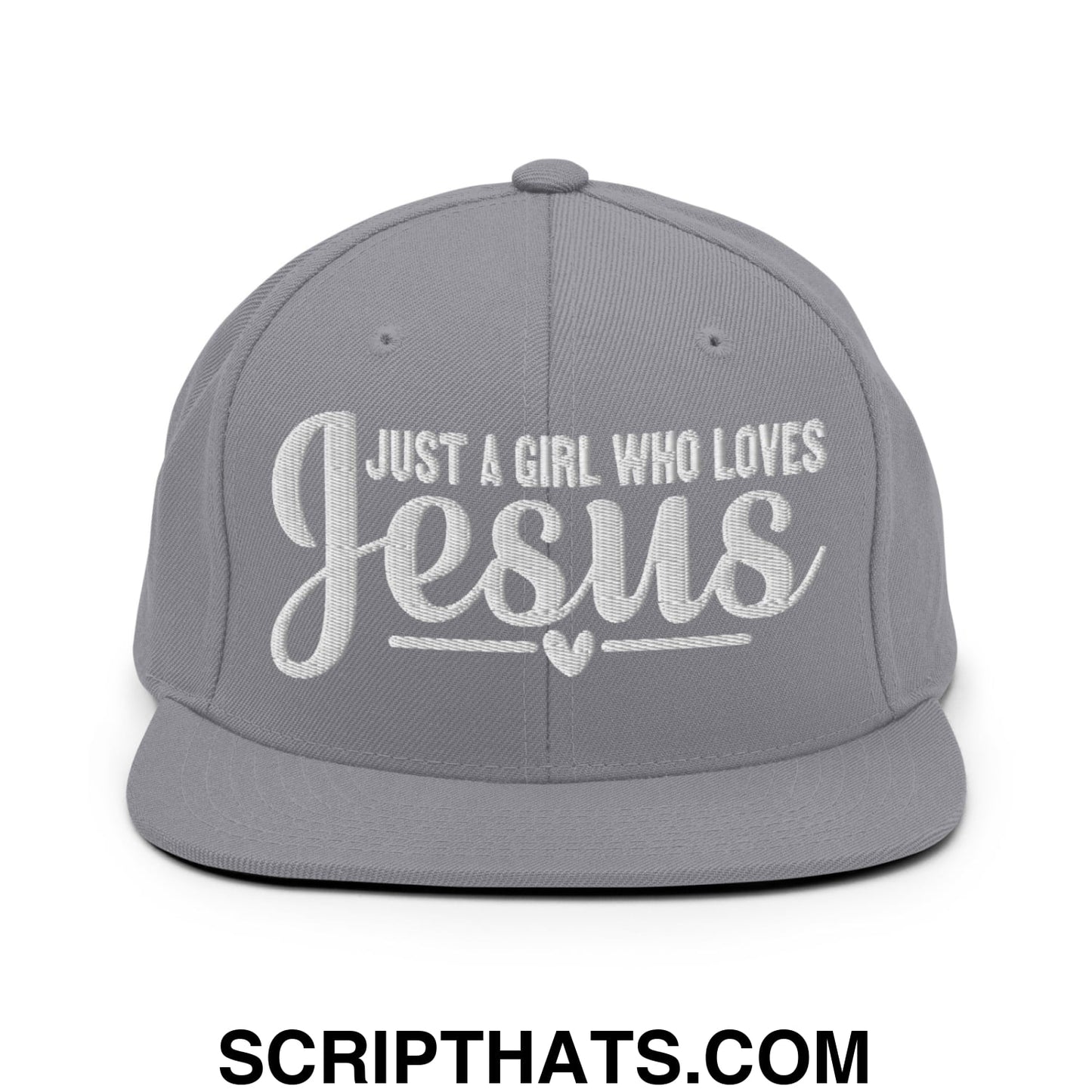 Just a Girl Who Loves Jesus Embroidered Flat Bill Brim Snapback Hat Silver