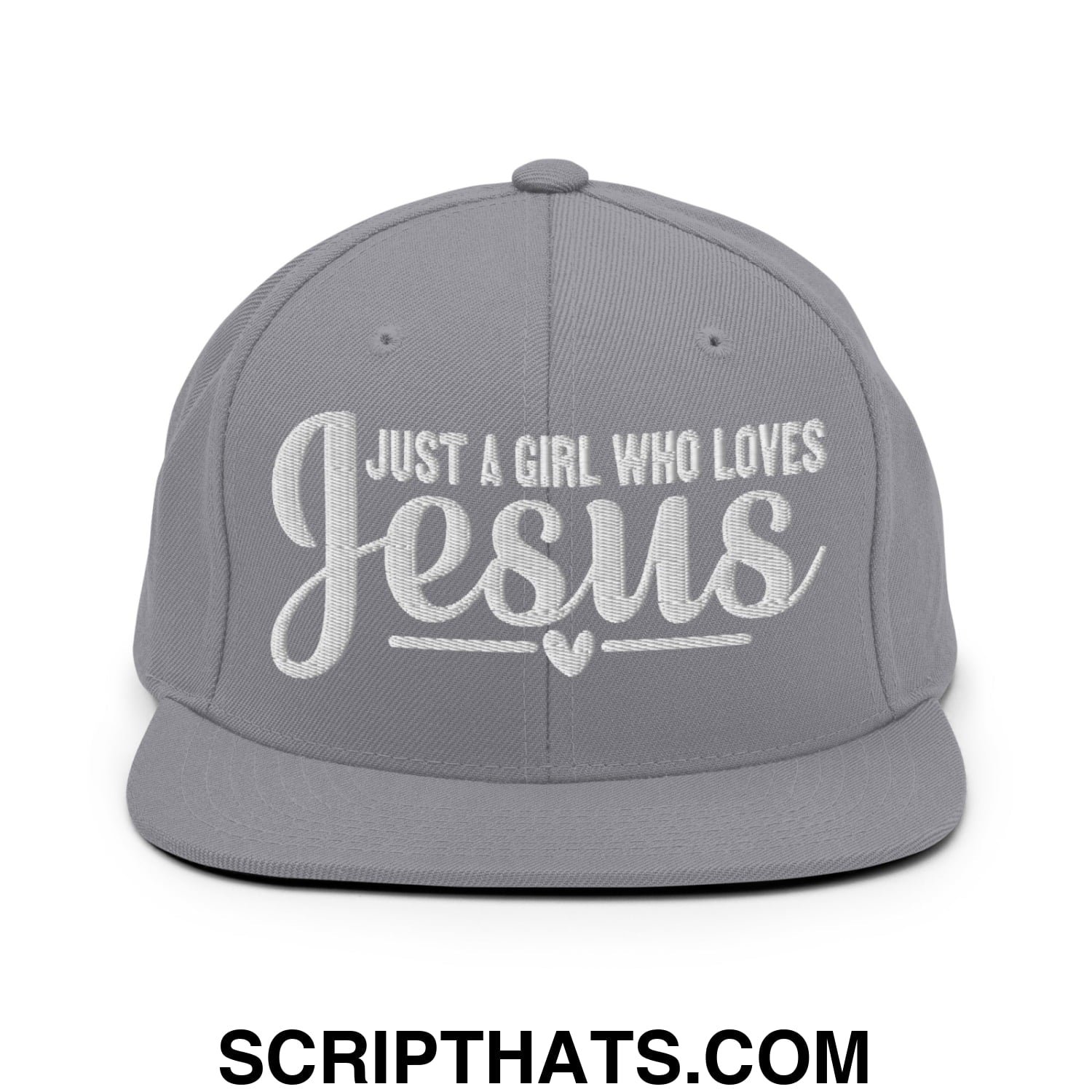 Just a Girl Who Loves Jesus Embroidered Flat Bill Brim Snapback Hat Silver