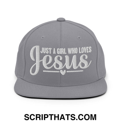 Just a Girl Who Loves Jesus Embroidered Flat Bill Brim Snapback Hat Silver