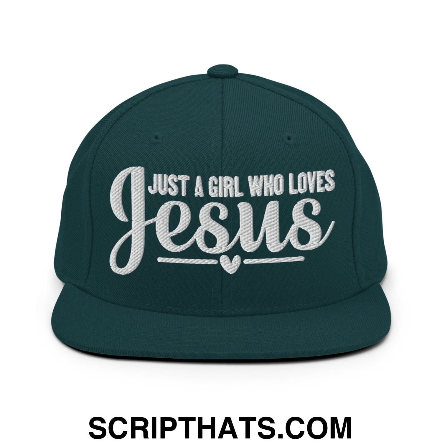 Just a Girl Who Loves Jesus Embroidered Flat Bill Brim Snapback Hat Spruce