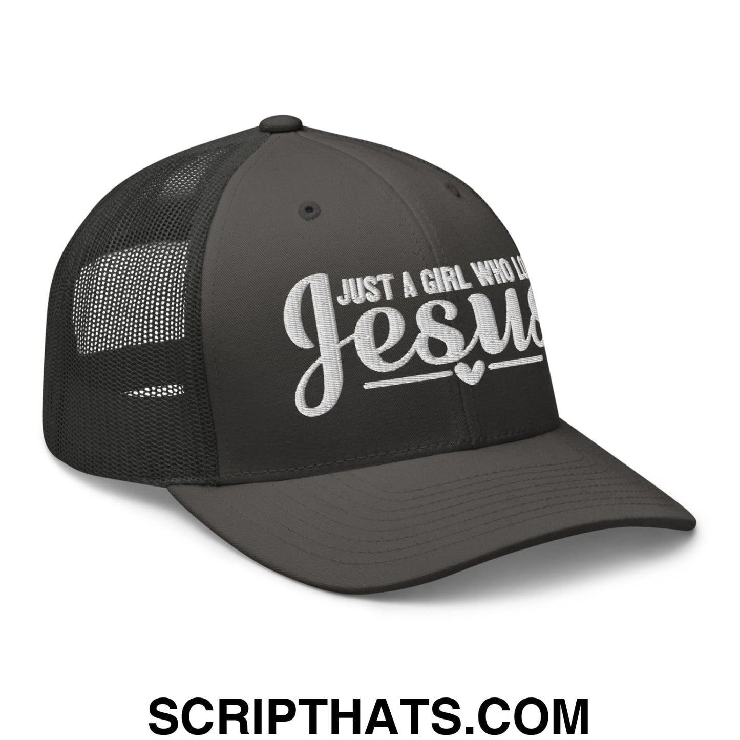 Just a Girl Who Loves Jesus Embroidered Mesh Trucker Hat Charcoal