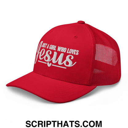 Just a Girl Who Loves Jesus Embroidered Mesh Trucker Hat Red
