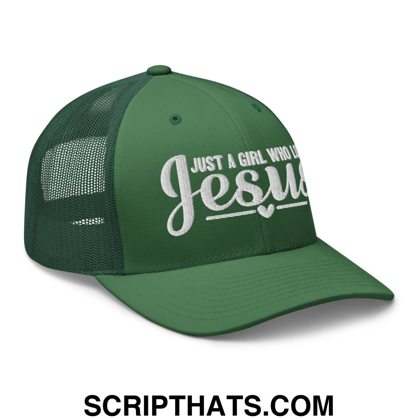 Just a Girl Who Loves Jesus Embroidered Mesh Trucker Hat Evergreen