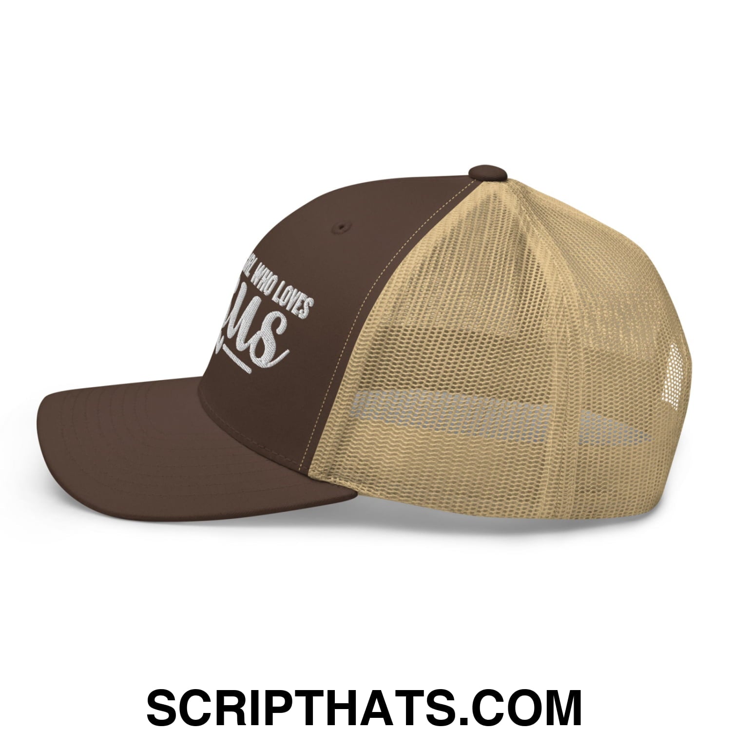 Just a Girl Who Loves Jesus Embroidered Mesh Trucker Hat Brown Khaki