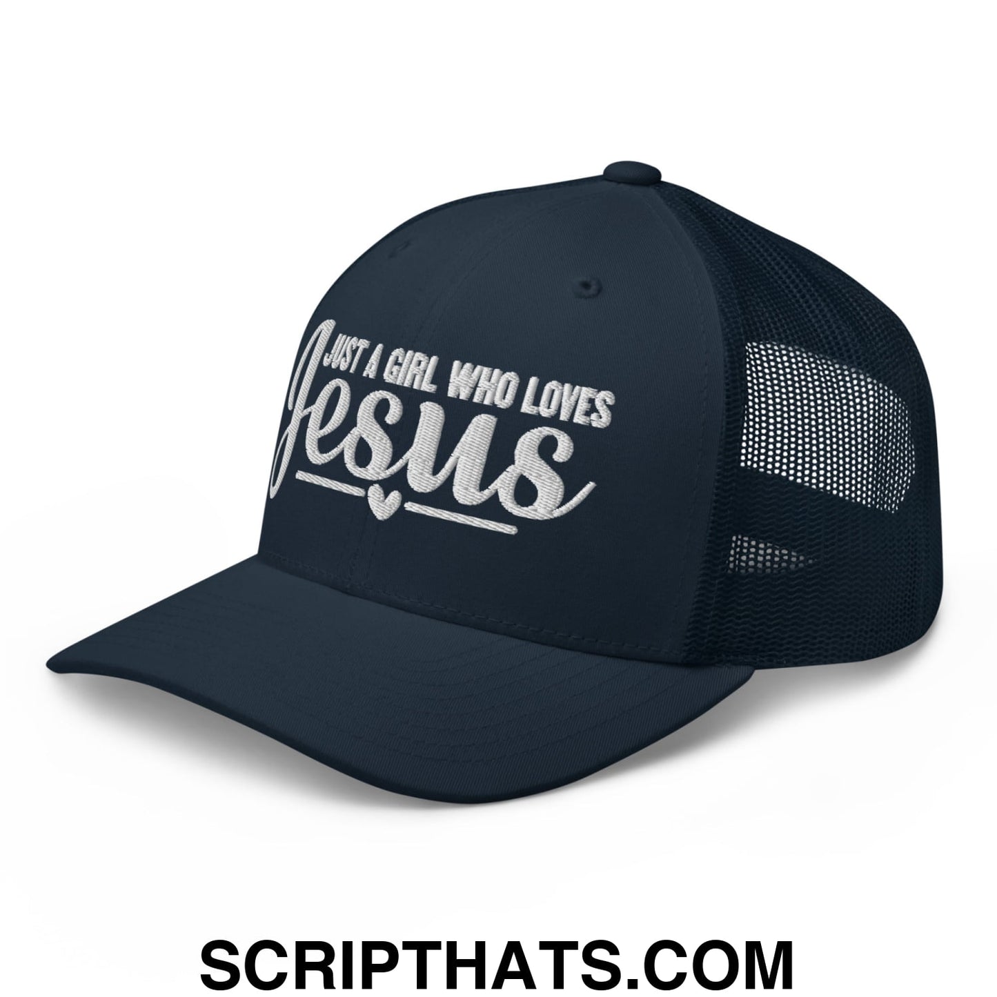 Just a Girl Who Loves Jesus Embroidered Mesh Trucker Hat Navy